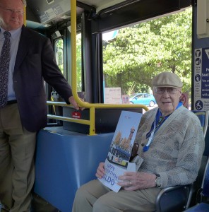 TriMet General Manager Neil McFarlane and Centenarian Waldo Johnson during his birthday surprise on Line 77.