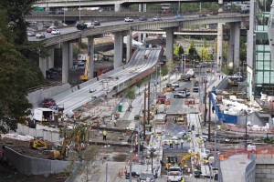 Portland-Milwaukie Light Rail construction on SW Moody Ave completed ahead of schedule. Photo from work underway Sept. 26.