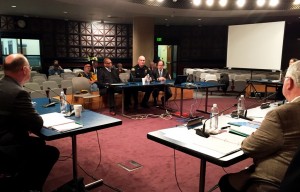 New Transit Police Commander Mike Leloff (center, in uniform) addresses the TriMet board of directors on Jan. 28, 2015.
