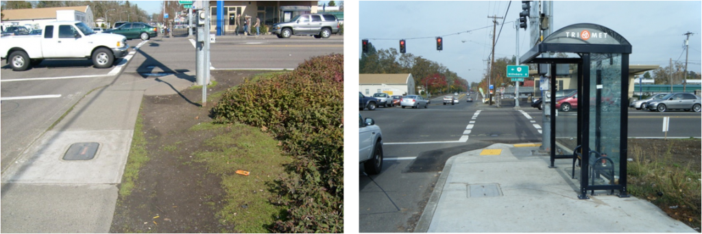 At the busy intersection of SW 185th and TV Highway in Aloha, what was once a narrow sidewalk with a dirt patch where riders stood, now features a wide sidewalk with a shelter thanks to a partnership between TriMet and ODOT.