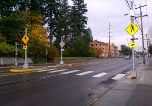 A partnership between TriMet and the City of Portland has placed marked crosswalks, signage, lighting and rapid flashing beacons when possible at key crossing such as NE 60th at the MAX Overpass, SE Stark and 126th Avenue, SE Division at I-205 and SW Beaverton-Hillsdale Highway and 62nd Avenue.