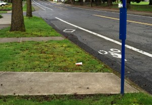 Instead of throwing an empty cup into the trash can about 15 feet away, putting it in the garbage can on board the bus or just packing it with them, a rider instead litters at this SE Portland stop.