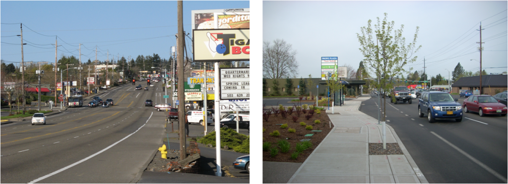 On one stretch of Highway 99W in Tigard, riders have to walk along the shoulder while just a half mile down the road, wide sidewalks have recently been installed making it much easier to get to the bus stop.