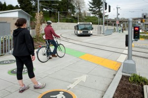 Bus operator training underway in the South Waterfront area, where many bicyclists and pedestrians travel.