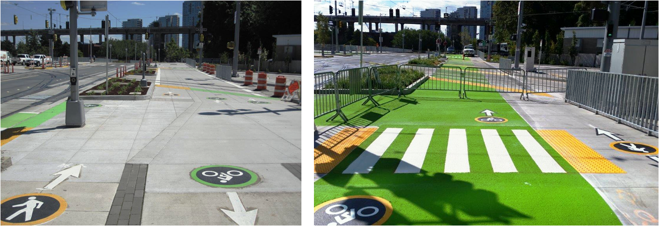 The SW Moody cycletrack and sidewalk before and after added safety features makes it better for pedestrians and bicyclists