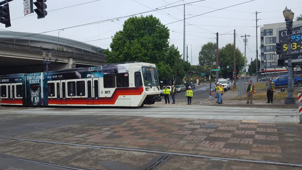 MAX train testing new tracks, signals and switches as part of the Rose Quarter MAX Improvements project.