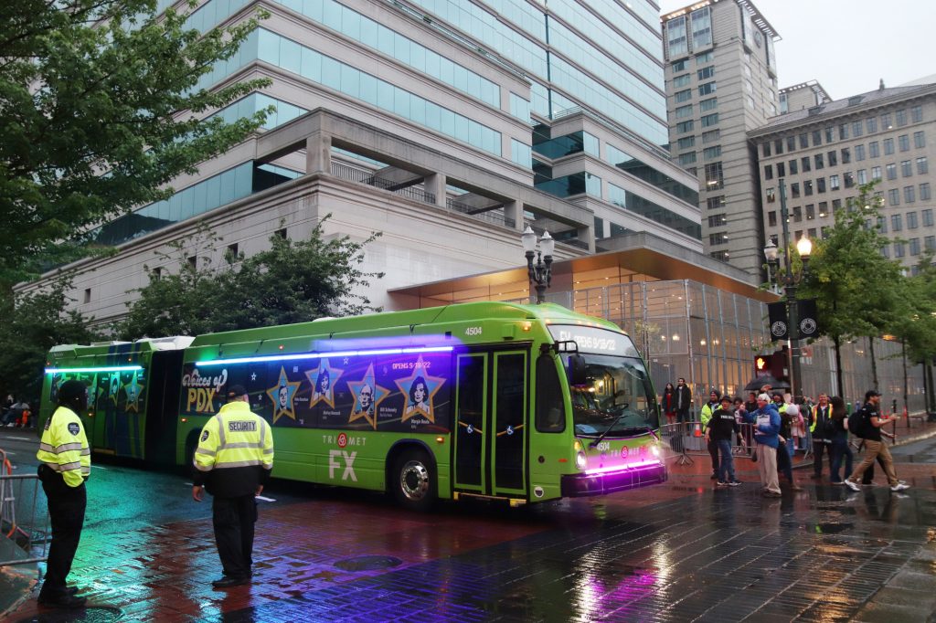 TriMet bus in service during the Starlight Parade.
