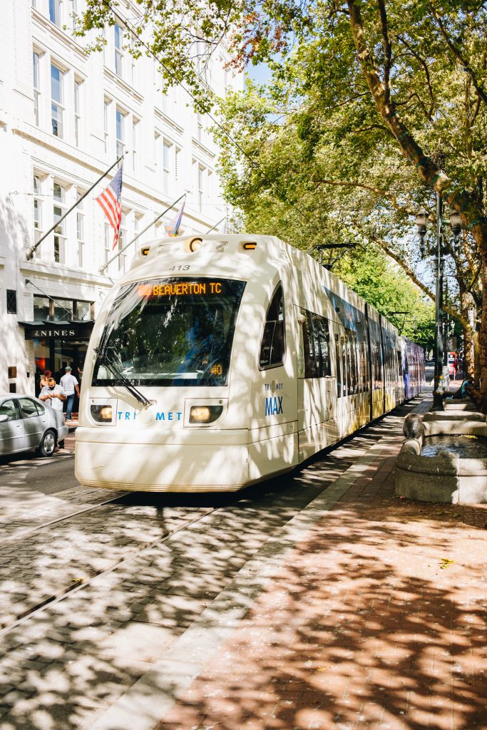 MAX Red Line train on a warm, sunny day in Downtown Portland.