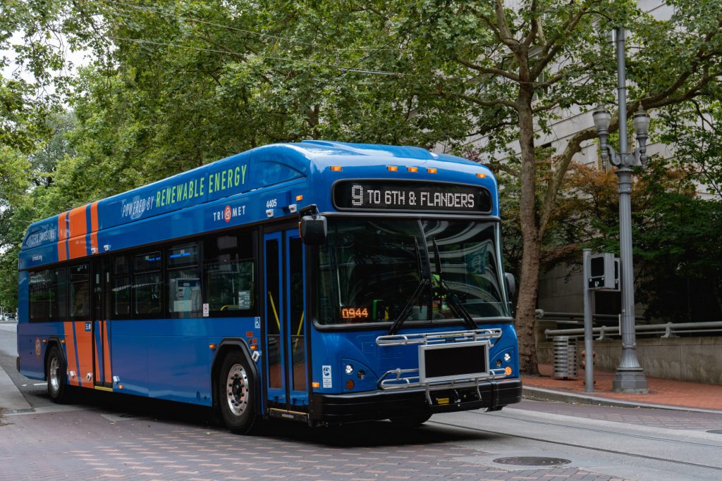 TriMet Line 9-Powell bus serves Downtown Portland along the Transit Mall.