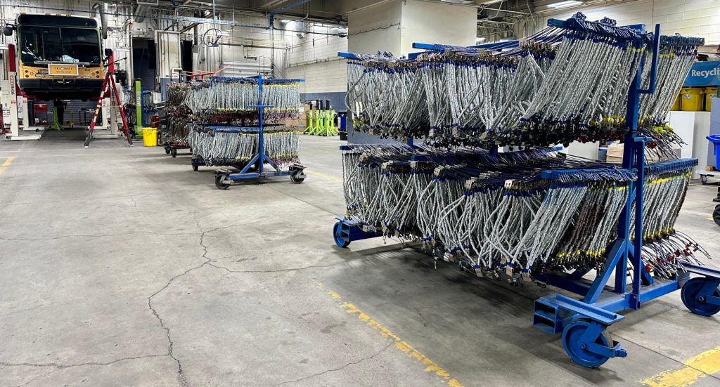 Image of tire chains stored in a TriMet bus garage.