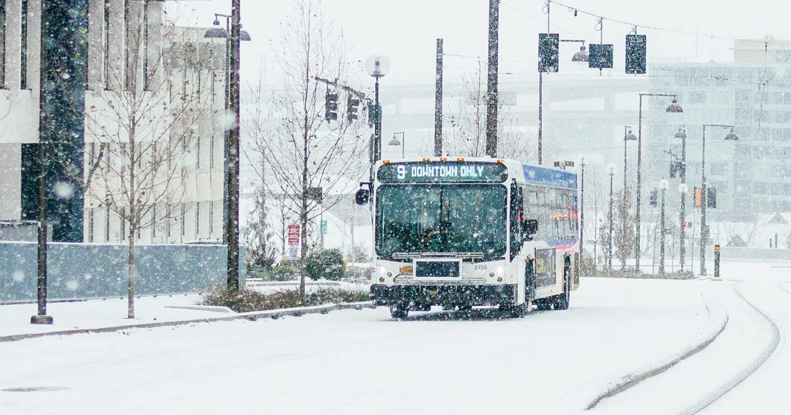Image of a TriMet bus driving through a snow flurry.