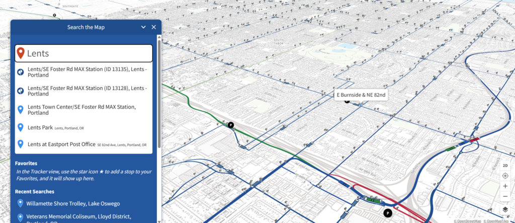 Screenshot of trimet.org, showing a 3D map of the Mount Tabor Neighborhood, next to a window titled "Search the Map." A search bar allows visitors to find and navigate to a location using TriMet.